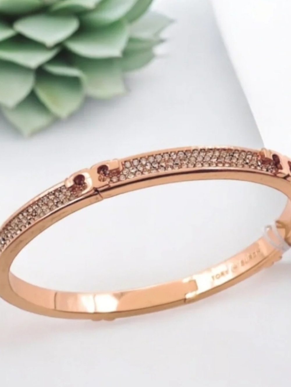 Tory Burch Rose Gold Crystal Pavé Hinged Bangle
